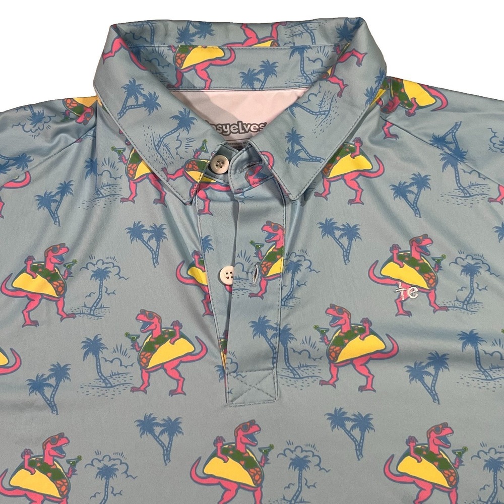 Tipsy Elves Tacosaurus Golf Polo Mens Small Blue Tropical Dino Print Stretch EUC